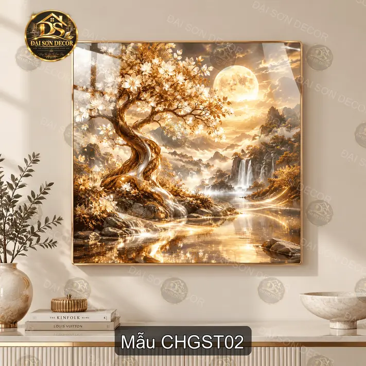 Tranh tráng gương vuông Cây hoa giữa sơn thủy decor phòng khách phong cách nghệ thuật