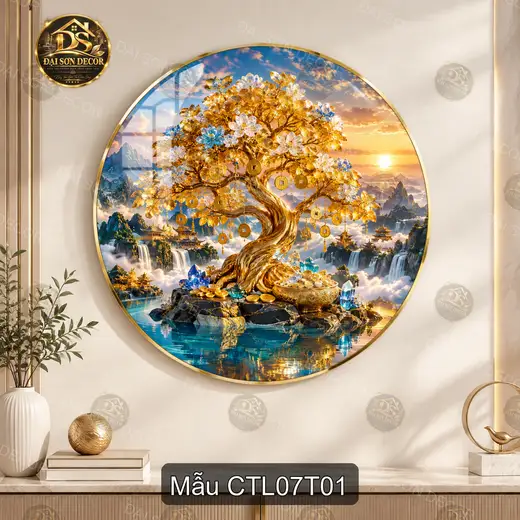 Tranh tròn tráng gương Cây tài lộc 007 treo tường phòng khách phong thủy nghệ thuật