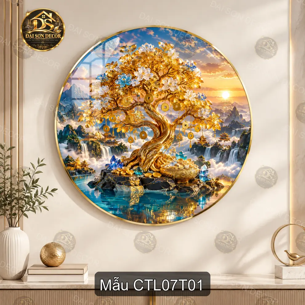 Tranh tròn tráng gương Cây tài lộc 007 treo tường phòng khách phong thủy nghệ thuật