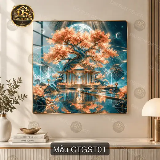 Tranh tráng gương vuông Cây thần giữa sơn thủy trang trí phòng khách quà tặng decor