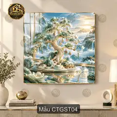 Tranh tráng gương vuông Cây thần giữa sơn thủy trang trí phòng khách quà tặng decor