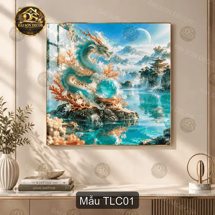 Tranh tráng gương Thanh Long Châu phong thủy decor phòng khách cao cấp