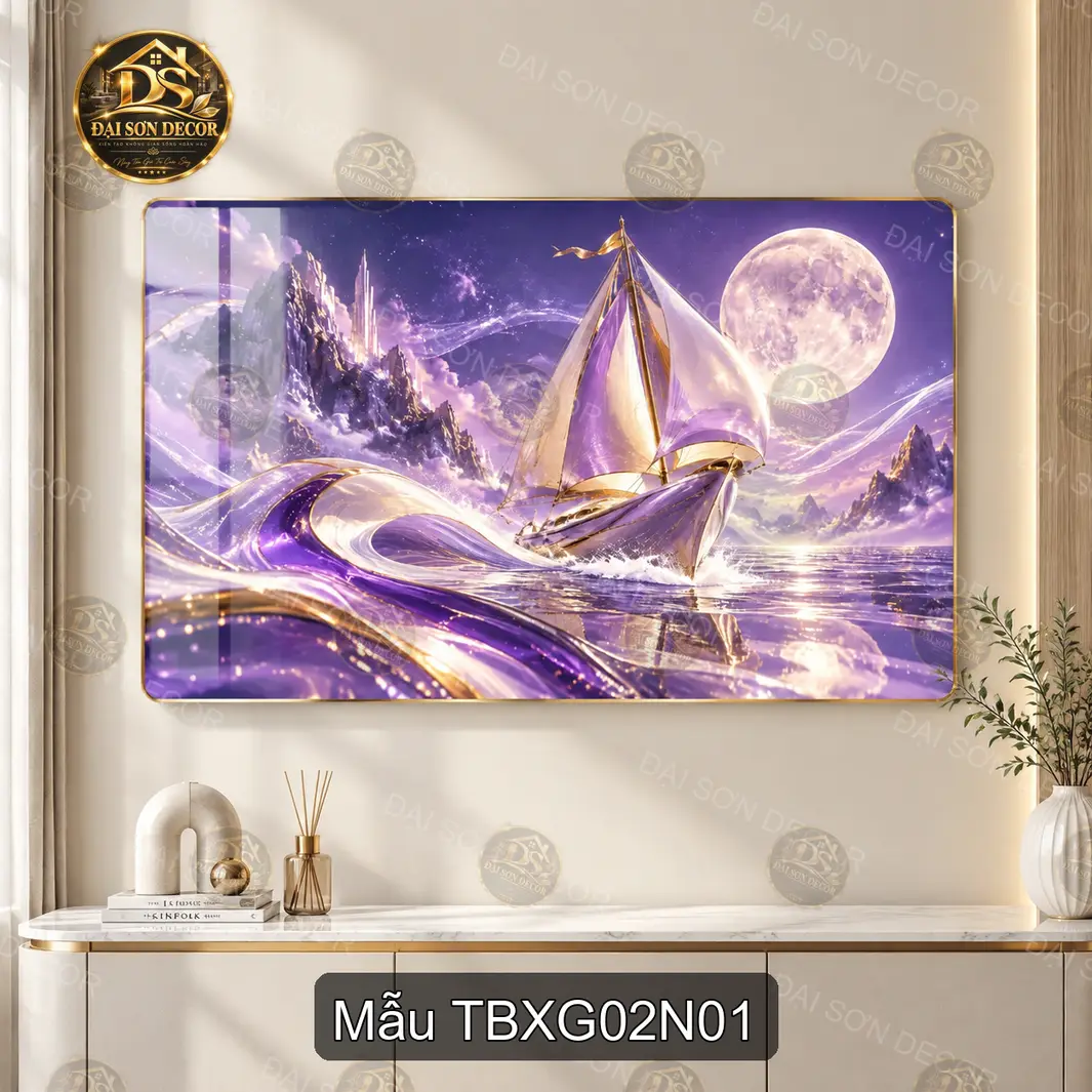 Tranh thuyền buồm vượt sóng Thuận buồm xuôi gió 002 treo tường phòng khách