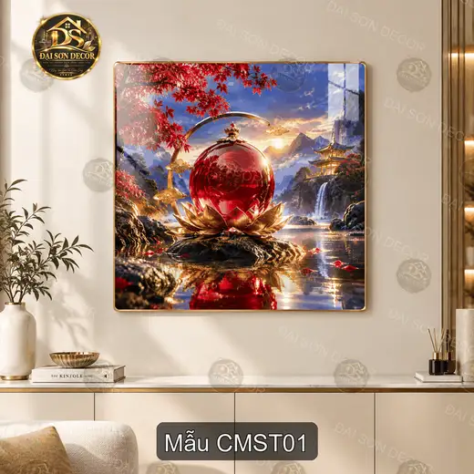 Tranh tráng gương Cầu may sơn thủy phong cảnh núi non hồ nước decor phòng khách CMST01