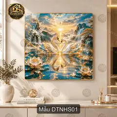 Tranh tráng gương đôi thiên nga hồ sen phong cảnh sơn thủy decor phòng khách quà tặng