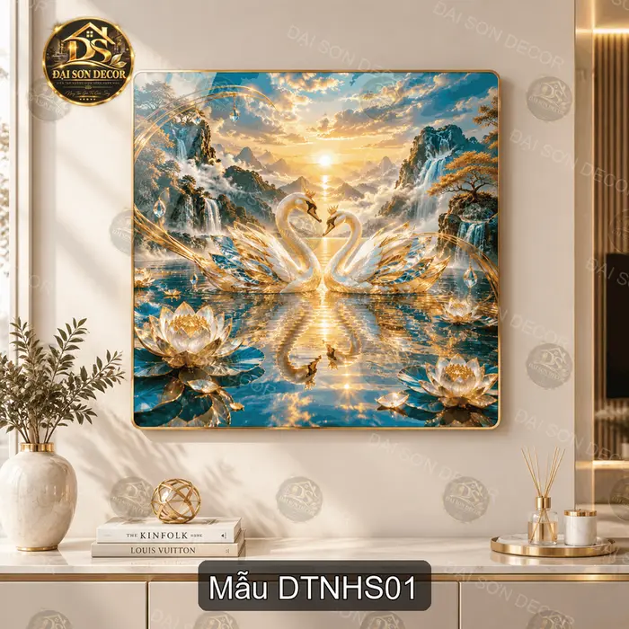 Tranh tráng gương đôi thiên nga hồ sen phong cảnh sơn thủy decor phòng khách quà tặng