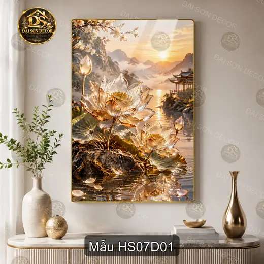 Tranh tráng gương Hoa sen 007 phong cảnh hồ sen núi non decor phòng khách sang trọng