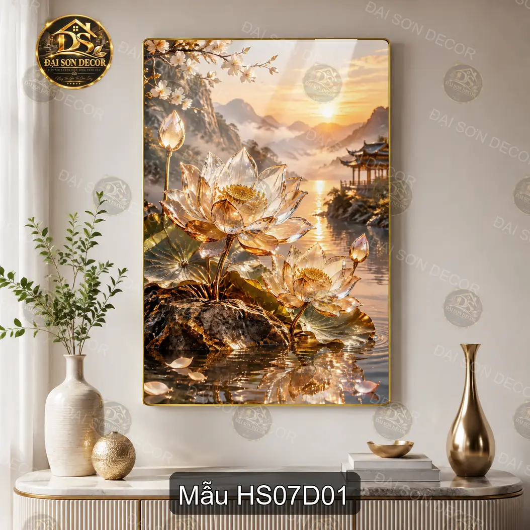 Tranh tráng gương Hoa sen 007 phong cảnh hồ sen núi non decor phòng khách sang trọng