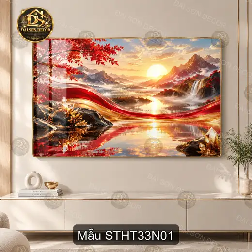 Tranh tráng gương sơn thủy hữu tình 033 núi non hồ nước sắc đỏ decor phòng khách