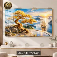 Tranh tráng gương sơn thủy hữu tình 033 núi non hồ nước sắc đỏ decor phòng khách