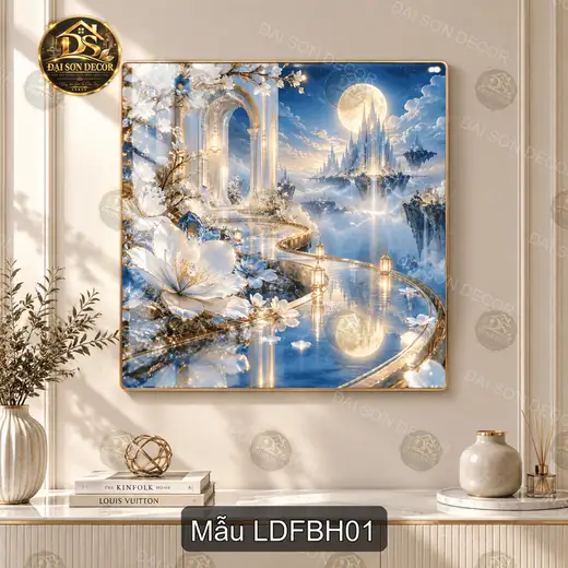 Tranh tráng gương decor lâu đài fantasy bên hồ phong cách cổ tích cho phòng khách