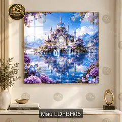 Tranh tráng gương decor lâu đài fantasy bên hồ phong cách cổ tích cho phòng khách