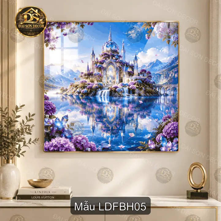 Tranh tráng gương decor lâu đài fantasy bên hồ phong cách cổ tích cho phòng khách