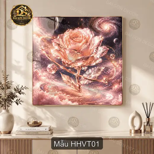 Tranh tráng gương Hoa hồng vũ trụ decor phòng khách quà tặng nghệ thuật cao cấp HHVT01