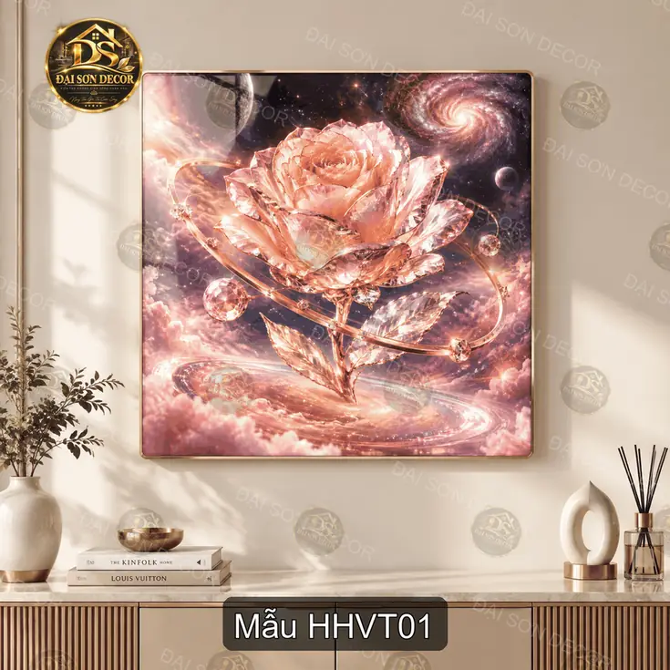 Tranh tráng gương Hoa hồng vũ trụ decor phòng khách quà tặng nghệ thuật cao cấp HHVT01
