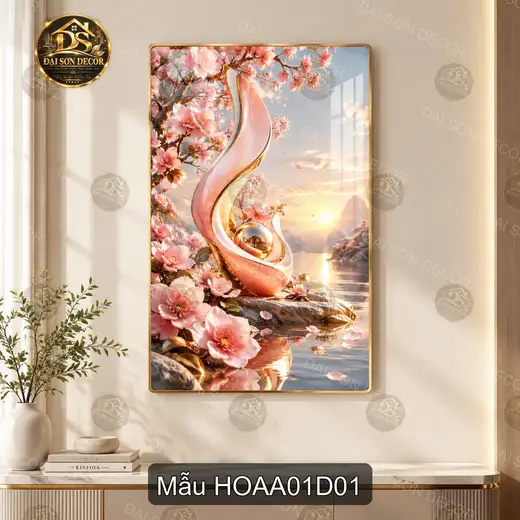 Tranh tráng gương Hoa đào 001 dọc decor nhà cửa quà tặng trang nhã