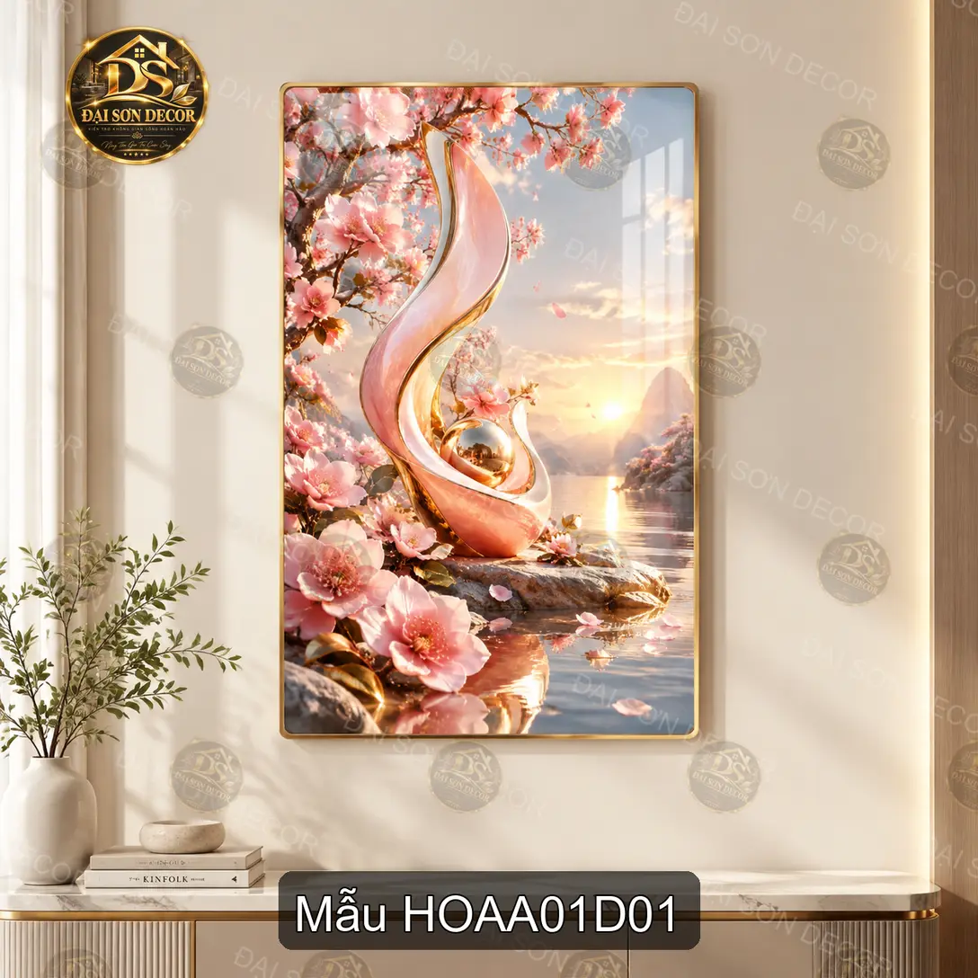 Tranh tráng gương Hoa đào 001 dọc decor nhà cửa quà tặng trang nhã