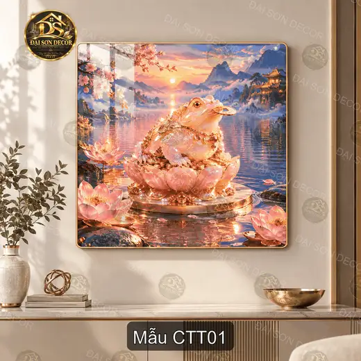Tranh tráng gương Cóc thần tài ngồi hoa sen phong cảnh sơn thủy decor phòng khách quà tặng