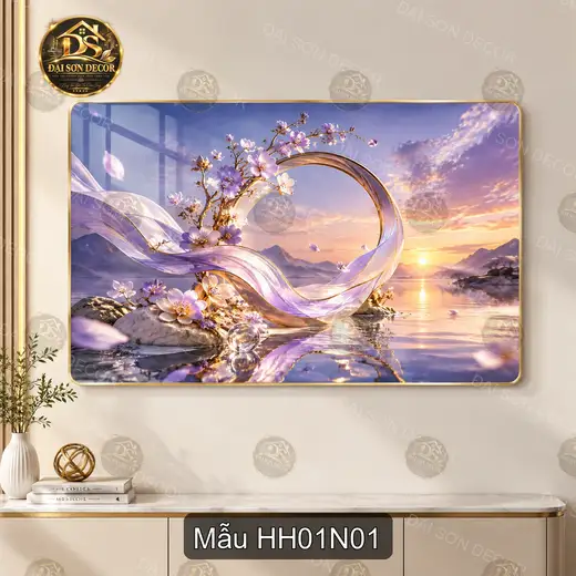 Tranh tráng gương hoàng hôn hoa đào hồ nước núi non decor phòng khách sang trọng