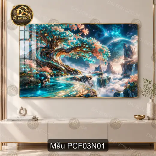 Tranh treo tường phong cảnh fantasy 003 cây cổ thụ suối trời sao decor phòng khách