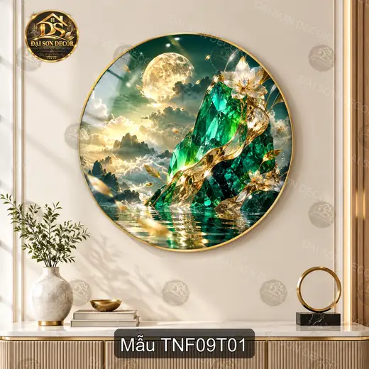 Tranh tròn tráng gương Thiên nhiên fantasy 009 núi ngọc hoa sen decor phòng khách quà tặng