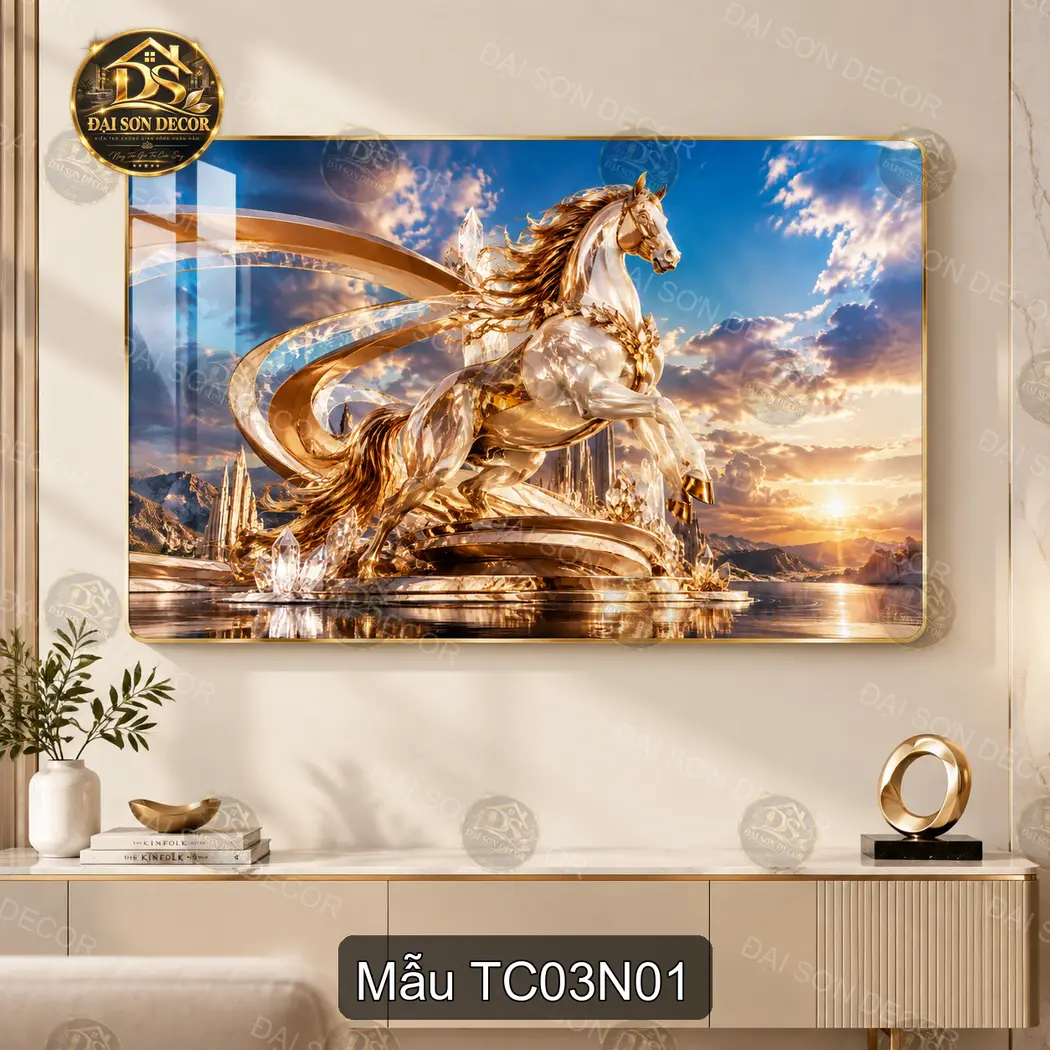 Tranh tráng gương Thành công 003 ngựa vàng phi nước đại decor phòng khách sang trọng