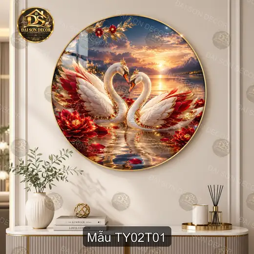 Tranh tròn tráng gương Tình yêu 002 đôi thiên nga hoa sen decor phòng khách quà tặng