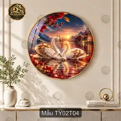 Tranh tròn tráng gương Tình yêu 002 đôi thiên nga hoa sen decor phòng khách quà tặng