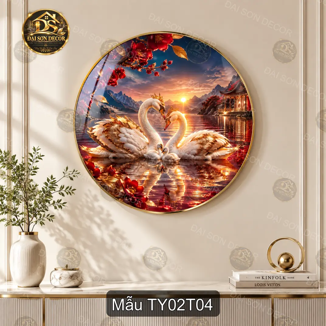 Tranh tròn tráng gương Tình yêu 002 đôi thiên nga hoa sen decor phòng khách quà tặng