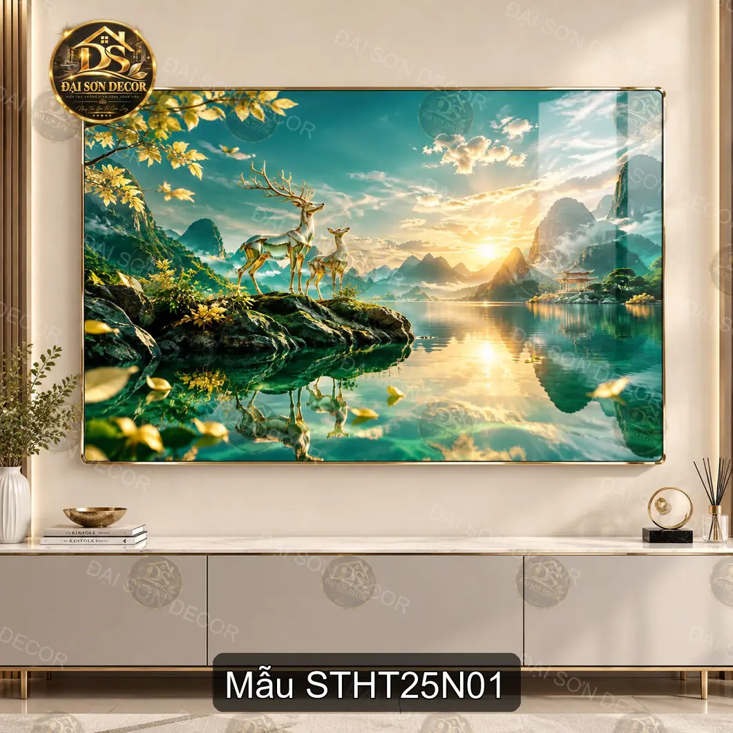Tranh sơn thủy hữu tình 025 tráng gương hươu bên hồ núi non decor phòng khách