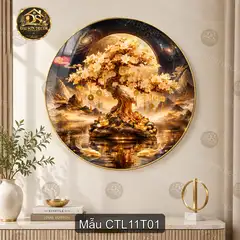 Tranh tròn cây tài lộc hoa mai cá Koi tráng gương decor phòng khách phong thủy sang trọng