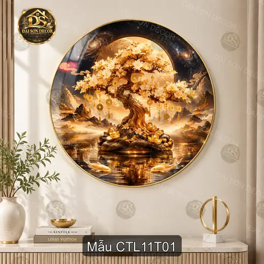 Tranh tròn cây tài lộc hoa mai cá Koi tráng gương decor phòng khách phong thủy sang trọng