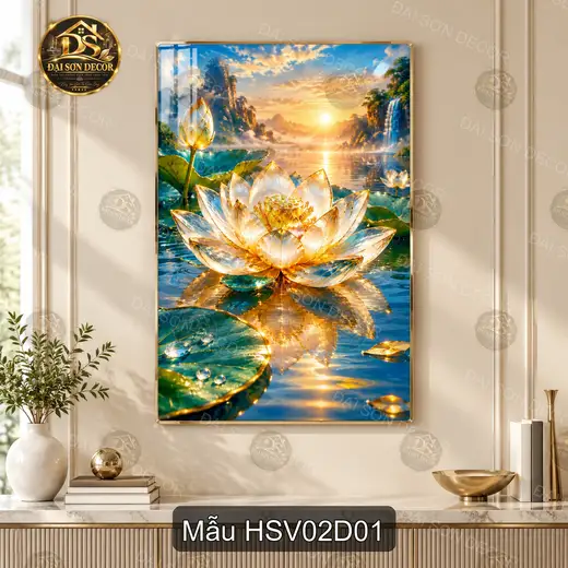 Tranh tráng gương hoa sen vàng sang trọng decor phòng khách dễ phối nội thất