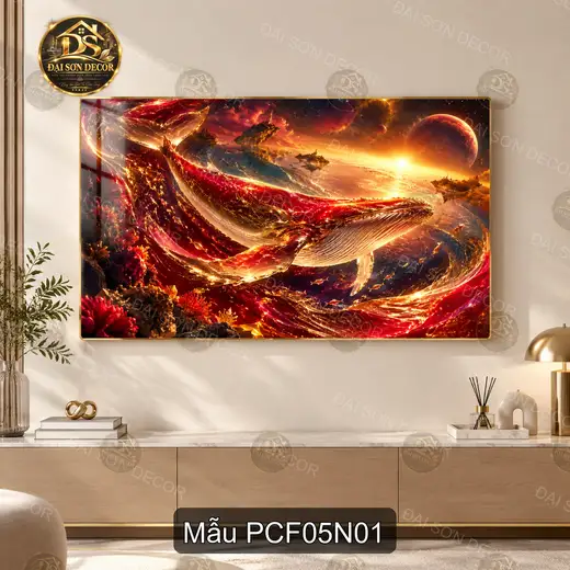 Tranh tráng gương phong cảnh fantasy 005 cá voi vũ trụ decor phòng khách hiện đại