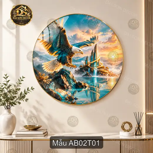 Tranh tròn đại bàng decor phòng khách phòng làm việc phong cách thư pháp tráng gương cao cấp