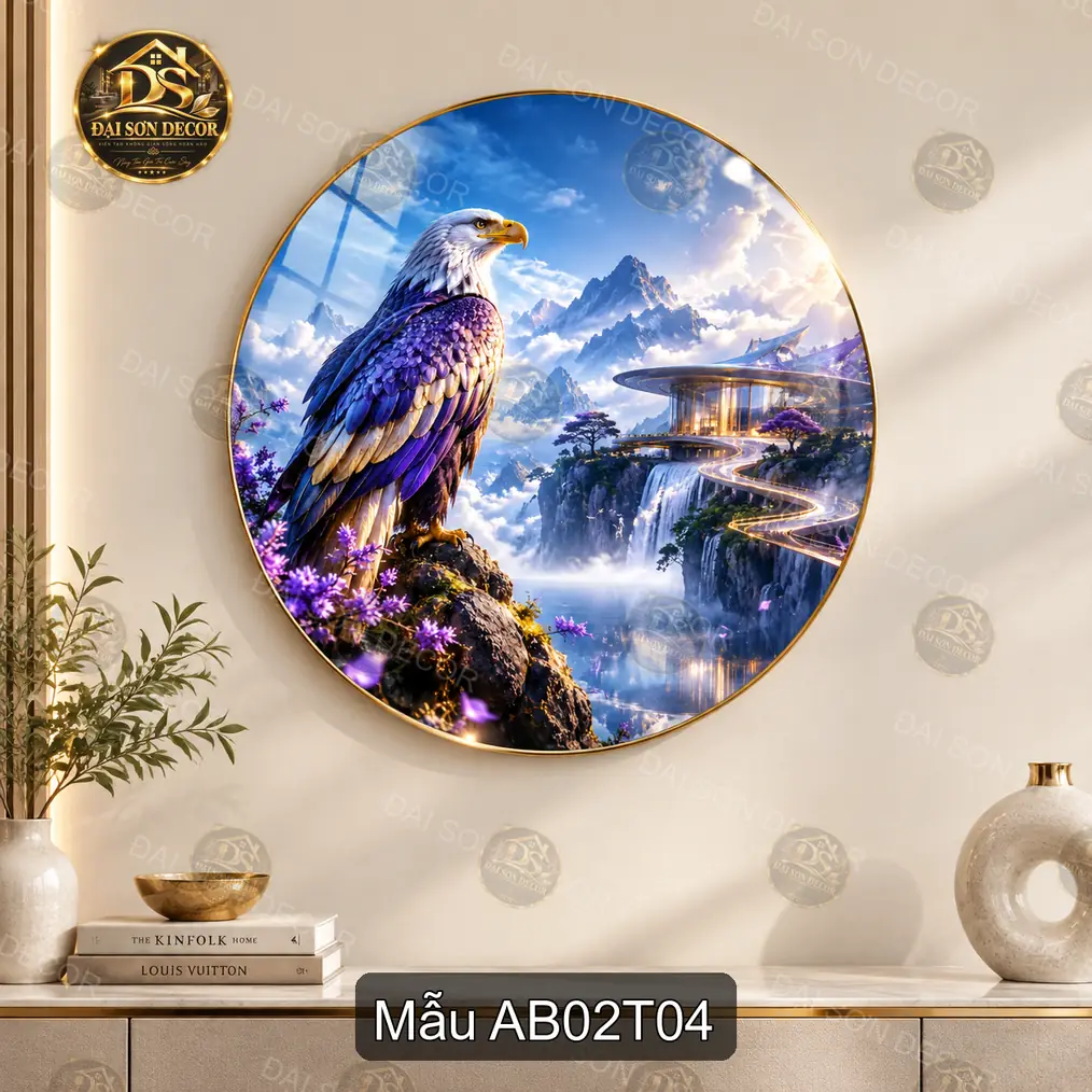 Tranh tròn đại bàng decor phòng khách phòng làm việc phong cách thư pháp tráng gương cao cấp