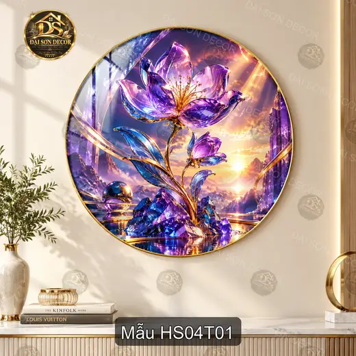 Tranh tròn hoa sen 004 tráng gương decor phòng khách phòng làm việc