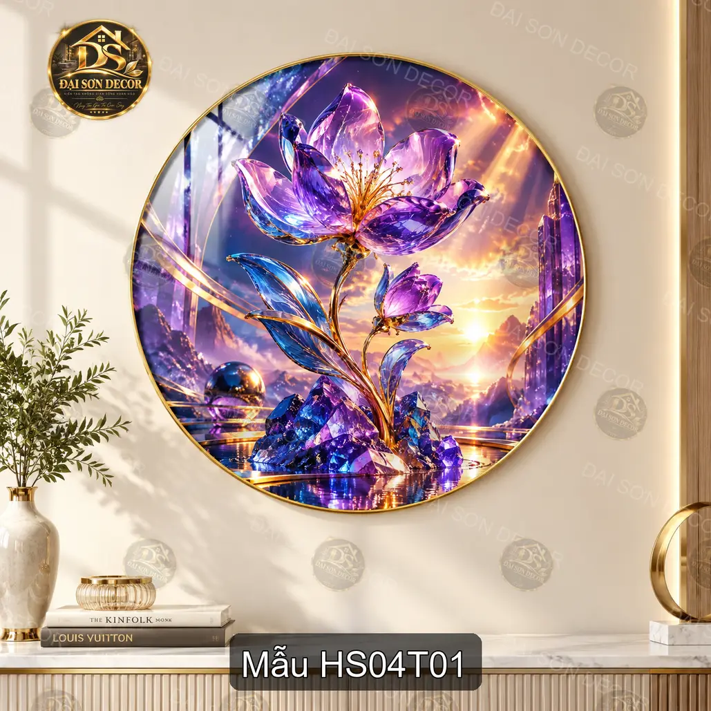 Tranh tròn hoa sen 004 tráng gương decor phòng khách phòng làm việc