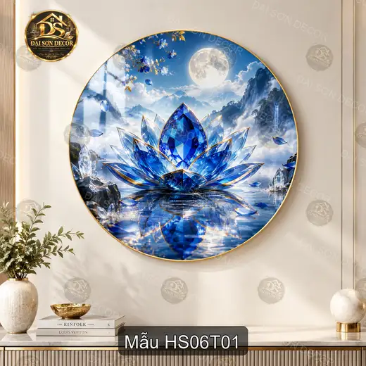 Tranh tròn Hoa sen 006 tráng gương xanh lam trang trí phòng khách làm quà tặng
