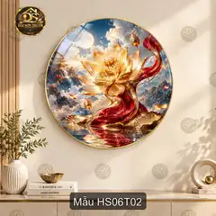 Tranh tròn Hoa sen 006 tráng gương xanh lam trang trí phòng khách làm quà tặng