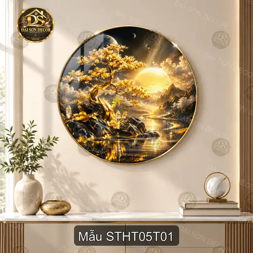 Tranh tròn tráng gương Sơn thủy hữu tình cây vàng núi non decor phòng khách sang trọng