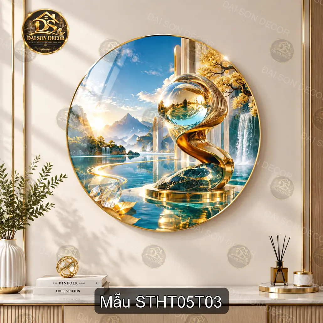 Tranh tròn tráng gương Sơn thủy hữu tình cây vàng núi non decor phòng khách sang trọng