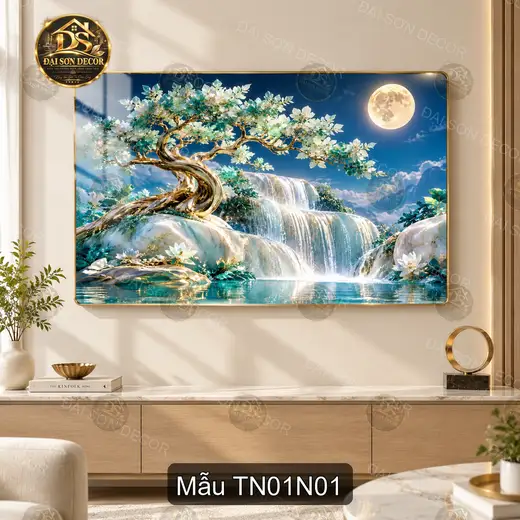 Tranh tráng gương Thác nước 001 bonsai hoa trắng decor phòng khách phong cách fantasy