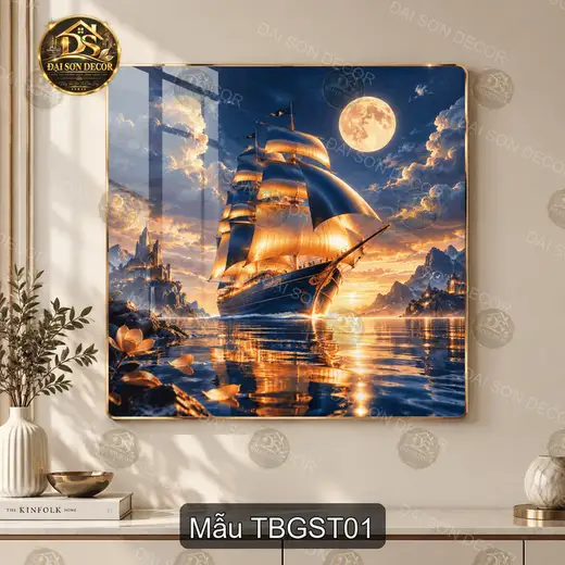 Tranh tráng gương thuyền buồm giữa sơn thủy vuông decor phòng khách sang trọng