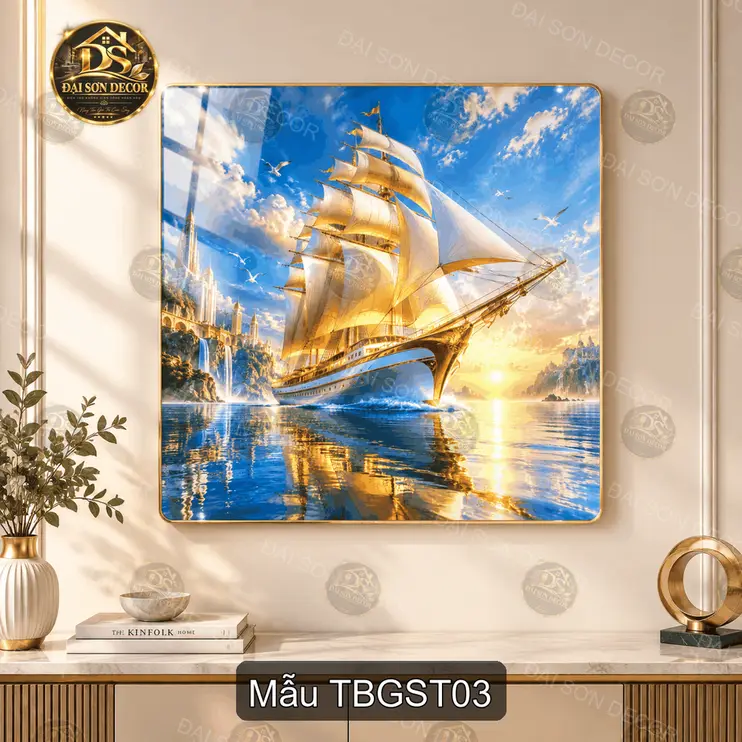 Tranh tráng gương thuyền buồm giữa sơn thủy vuông decor phòng khách sang trọng