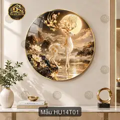 Tranh tráng gương hươu trắng trăng vàng decor phòng khách sang trọng Hươu 014