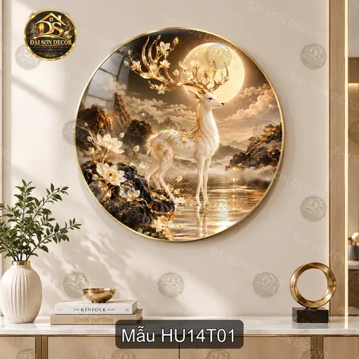 Tranh tráng gương hươu trắng trăng vàng decor phòng khách sang trọng Hươu 014