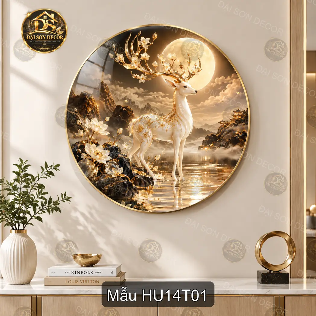 Tranh tráng gương hươu trắng trăng vàng decor phòng khách sang trọng Hươu 014