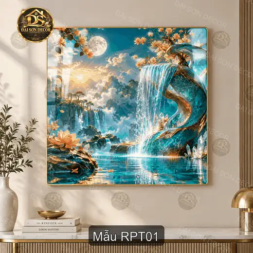 Tranh tráng gương Rồng phong thủy thác nước vuông decor phòng khách sang trọng