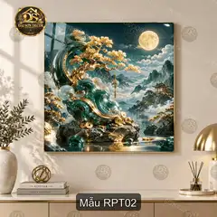 Tranh tráng gương Rồng phong thủy thác nước vuông decor phòng khách sang trọng
